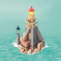 ai gerado isométrico 3d farol construção dentro a meio do oceano ícone grampo arte adesivo decoração simples fundo foto