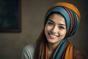 ai gerado lindo muçulmano mulher sorridente e rindo vestindo uma hijab e decorado xaile foto