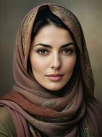 ai gerado lindo muçulmano mulher sorridente e rindo vestindo uma hijab e decorado xaile foto