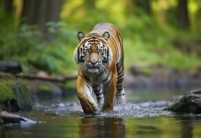 ai gerado Amur tigre caminhando dentro a água. perigoso animal. animal dentro uma verde floresta fluxo. generativo ai foto