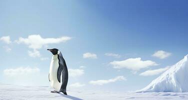 ai gerado pinguim em pé dentro Antártica olhando para dentro a azul céu. ai gerado foto