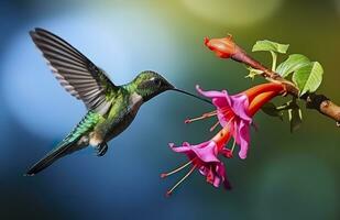 ai gerado beija Flor pássaro vôo Próximo para uma lindo vermelho flor com chuva. ai gerado foto