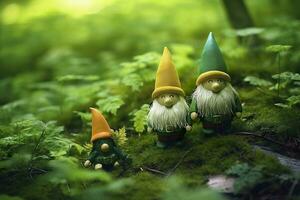 ai gerado brinquedo irlandês gnomos dentro uma mistério floresta, abstrato verde natural fundo. generativo ai foto