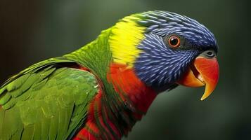 ai gerado lado Visão fechar-se do lindo e colorida Lorikeet verde cochilou pássaro. generativo ai foto