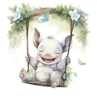 ai gerado fofa feliz bebê rinoceronte em balanços dentro a árvore dentro aguarela estilo. ai gerado foto