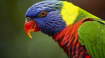 ai gerado lado Visão fechar-se do lindo e colorida Lorikeet verde cochilou pássaro. generativo ai foto