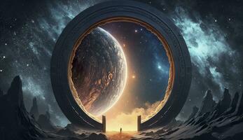 ai gerado portal para outro mundo. futurista cósmico panorama com círculo túnel dentro estrelado céu. generativo ai foto
