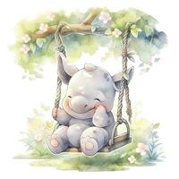 ai gerado fofa feliz bebê rinoceronte em balanços dentro a árvore dentro aguarela estilo. ai gerado foto