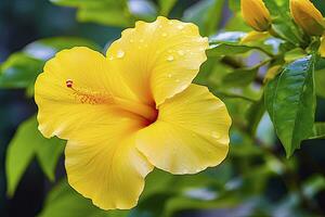 ai gerado fechar acima lindo amarelo hibisco flor. ai gerado foto