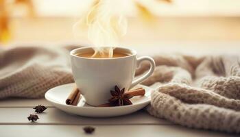 ai gerado copo do vapor chá café, tricotado cobertor, e canela anis. generativo ai foto