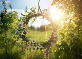 ai gerado rústico flores silvestres guirlanda em uma ensolarado Prado. verão solstício dia, solstício de verão conceito. generativo ai foto