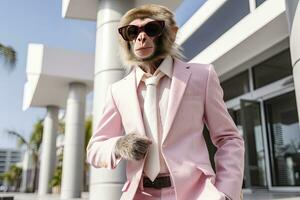 ai gerado uma macaco é vestindo oculos de sol, terno e em pé em rua. ai gerado foto