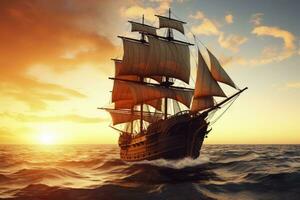 ai gerado pirata navio Navegando em a oceano às pôr do sol. vintage cruzeiro. ai gerado foto