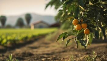 ai gerado a laranja árvore é dentro a primeiro plano com uma Fazenda campo fundo. generativo ai foto