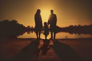 ai gerado sombra do feliz família junto, pais com seus pequeno bebê às pôr do sol. uma silhueta do amor e unidade. ai generativo foto