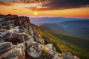 ai gerado pôr do sol em pedregoso homem montanha. ai gerado foto