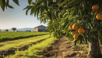 ai gerado a laranja árvore é dentro a primeiro plano com uma Fazenda campo fundo. generativo ai foto