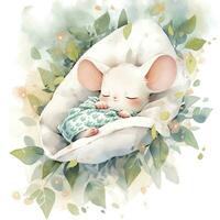 ai gerado uma sonolento bebê rato dentro uma roupa de cama, aguarela ilustração. ai gerado foto