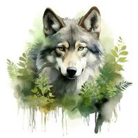 ai gerado Lobo animal dentro vegetação para crianças emocional aquarelas. ai gerado foto