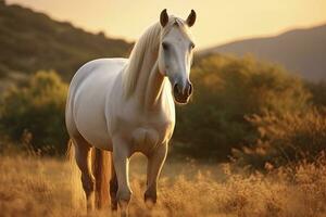 ai gerado branco cavalo ou égua dentro a montanhas às pôr do sol. ai gerado foto