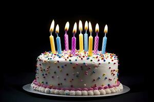 ai gerado colorida aniversário bolo com velas. ai gerado foto