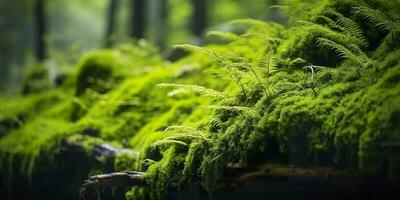 ai gerado verde musgo fechar-se, com uma pano de fundo do bosque. floresta dentro a nacional parque. ai gerado foto