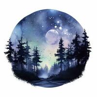 ai gerado floresta lua silhueta com fada brilhando dentro a noite céu em uma branco fundo. ai gerado foto