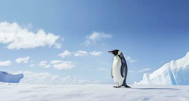 ai gerado pinguim em pé dentro Antártica olhando para dentro a azul céu. ai gerado foto