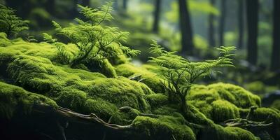 ai gerado verde musgo fechar-se, com uma pano de fundo do bosque. floresta dentro a nacional parque. ai gerado foto