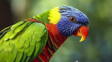 ai gerado lado Visão fechar-se do lindo e colorida Lorikeet verde cochilou pássaro. generativo ai foto