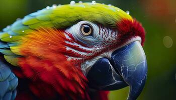 ai gerado tropical arara empoleirado, vibrante penas dentro foco. generativo ai foto