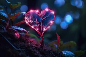 ai gerado brilhando bioluminescente plantar em forma gostar uma humano coração, dentro uma misterioso floresta. generativo ai foto