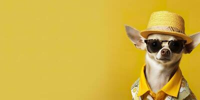 ai gerado legal olhando chihuahua cachorro vestindo funky moda vestir. espaço para texto certo lado. generativo ai foto