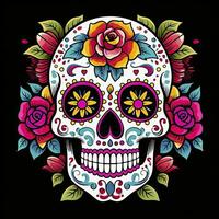 ai gerado mexicano rosas crânio. mexicano rosas crânio. dia de los muertos shugar colorida cabeça. ai gerado foto