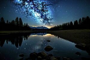 ai gerado leitoso caminho refletido em lago. ai gerado foto