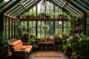 ai gerado interior do uma estufa com plantas e mobília, vintage estilo, estufa com plantas, interior jardinagem, ai gerado foto