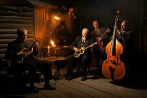 ai gerado grupo do músicos jogando em uma violoncelo dentro uma Sombrio sala, Década de 1930 jazz banda jogando em uma rústico estágio, ai gerado foto