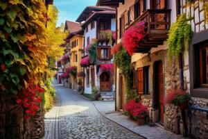 ai gerado rua dentro a velho Cidade do petite França, Estrasburgo, Alsácia, França, uma encantador, paralelepípedo europeu Vila com brilhante, pitoresco casas, ai gerado foto