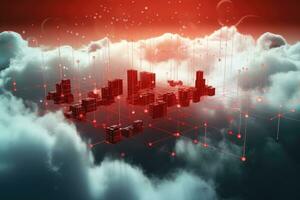 ai gerado conceptual imagem do nuvem Informática com paisagem urbana em a horizonte, Datos en la nube y vermelho, concepto de ciencia y tecnologia, ai gerado foto