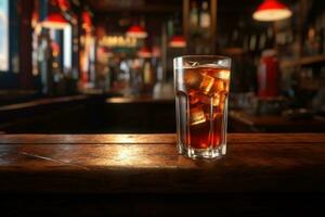 ai gerado vidro do Cola com gelo cubos em uma de madeira mesa dentro uma bar, vidro do Cola em a Barra mesa, ai gerado foto