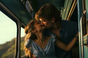 ai gerado casal suspensão Fora do trem e se beijando foto