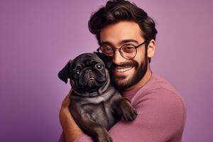 ai gerado uma homem com dele cachorro isolado fundo foto