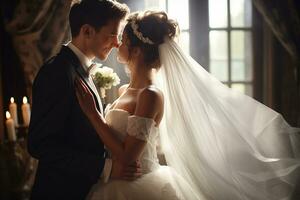 ai gerado frente Visão do elegante noivo dentro terno que em pé e abraçando noiva feliz mulher dentro branco Casamento vestir foto