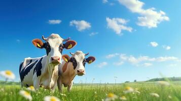 ai gerado saudável vacas em a verde campo. fazenda, rancho, leite, vaca, fresco leite, laticínios foto
