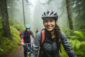 ai gerado pequeno feliz grupo do cicladores explorando floresta dentro a outono desfrutando viagem foto