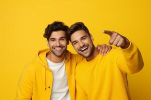 ai gerado dois feliz jovem masculino amigos apontando em isolado amarelo fundo foto