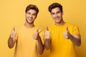 ai gerado retrato do uma dois feliz jovem homens mostrando polegares acima isolado sobre amarelo fundo foto