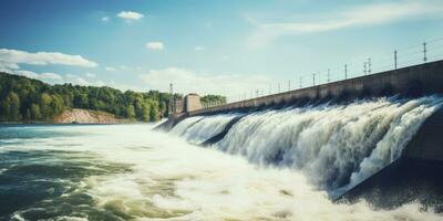 ai gerado hidroelétrica barragem gerando verde energia a partir de fluindo água. ai gerado. foto