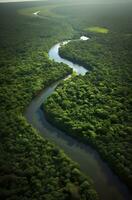 ai gerado aéreo Visão do a amazonas selva panorama com rio dobrar. generativo ai foto