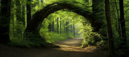 ai gerado natural arco em forma de galhos dentro a floresta. ai gerado foto